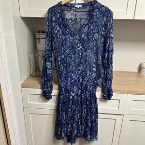 Poupette St Barth 100% Silk Mini Dress Womens M Sheer Floral Smocked Long Sleeve